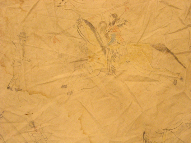 The tipi from "The Daughter of Dawn," with images of battle scenes. Image: Oklahoma History Center.