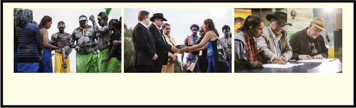 Family members present Kevin Lucas's film footage to AIATSIS Council Chairperson, Professor Mick Dodson