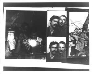 Taylor Mead, left, seated, editing a film with Ron Rice, also seated, with Jerry Joffen in the background; a photo booth strip of Rice and filmmaker Jack Smith; Ron Rice posing next to a tree